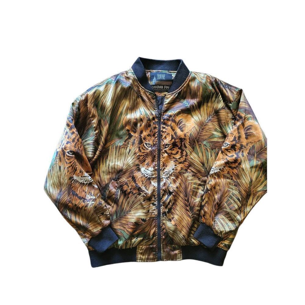 Vintage London Fog Jacket Men's Large Tiger Satin Bomber Novelty Jungle Zip